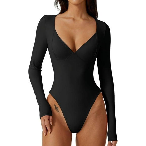 SMZ Women's Long Sleeve Bodysuit V Neck Body Suits Seamed Cup Going Out Tops Shirt