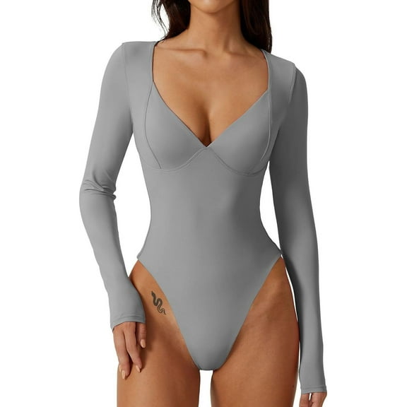 SMZ Women's Long Sleeve Bodysuit V Neck Body Suits Seamed Cup Going Out Tops Shirt