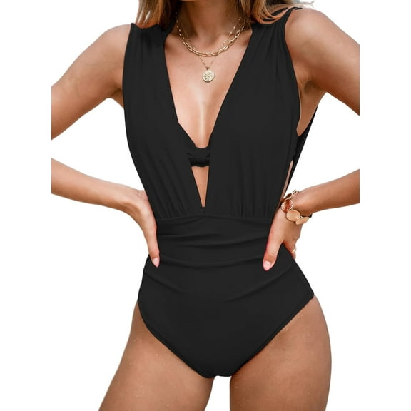 SMZ Women's One Piece Swimsuit Bestselling Swimsuit Halter Plunging Neck Bathing Suit Wide Straps Womens Bathing Suits