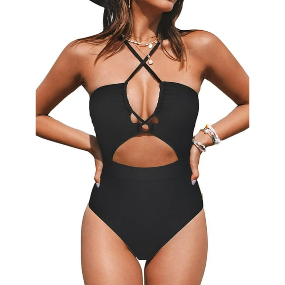SMZ Women's One Piece Swimsuit Plunge Neckline Cutout Criss Cross Bathing Suit