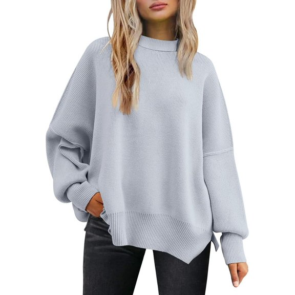 SMZ Women's Oversized Batwing Sweaters 2024 Fall Outfits Crewneck Ribbed Knit Side Slit Trendy Pullover Tops
