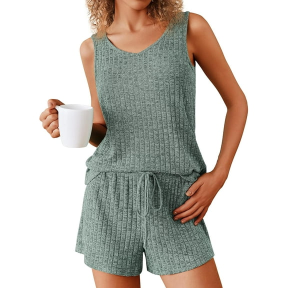 SMZ Women's Pajamas Sleeveless V Neck Pjs Set Ribbed Knit Summer Loungewear Sleepwear S-XXL