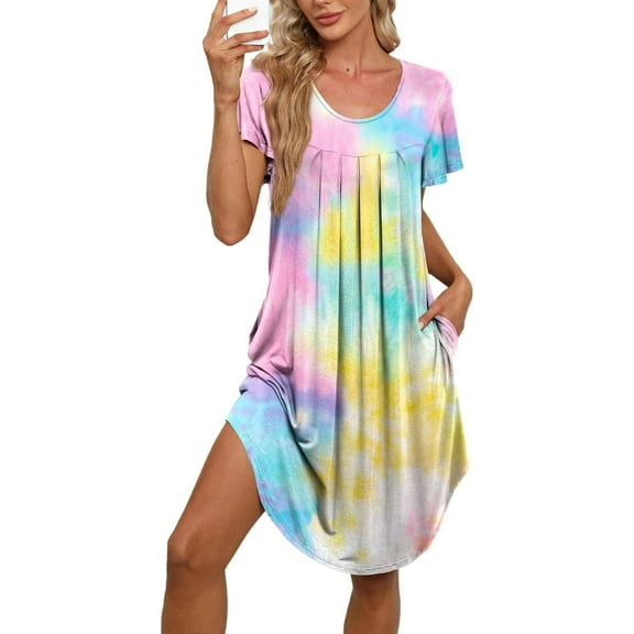 SMZ Women's Pleated Front Loose Fit Short Sleeve Nightgowns House Dress with Hand Pockets (S - 5XL)