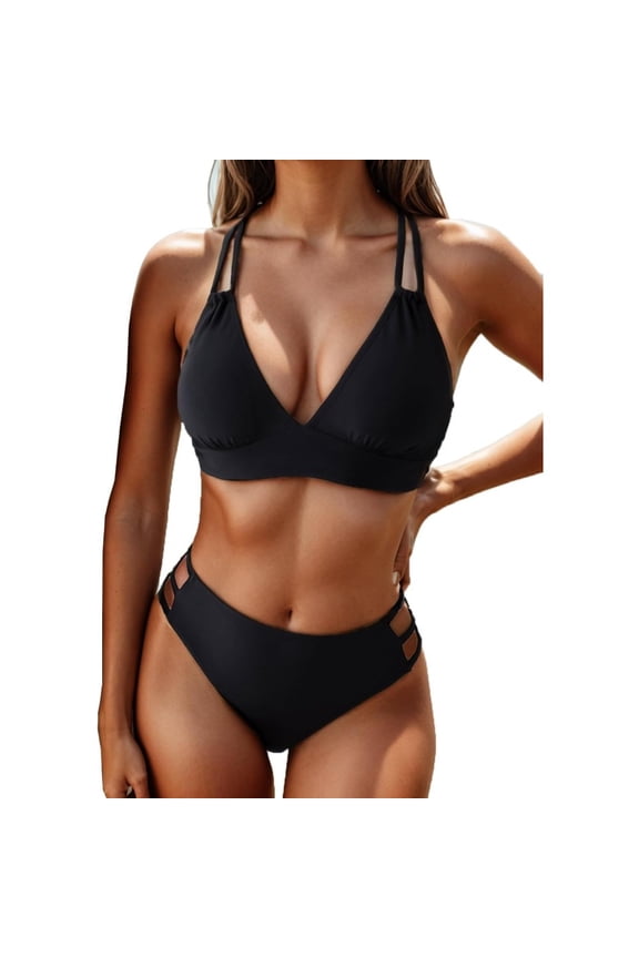 Women's Push Up V Neck Bikini Sets Criss Cross Back Two Piece Bathing Suit