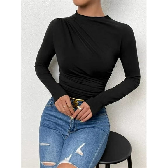 SMZ Women's Ruched Long Sleeve Mock Neck Bodysuit Solid Elegant Slim Fitted Tops