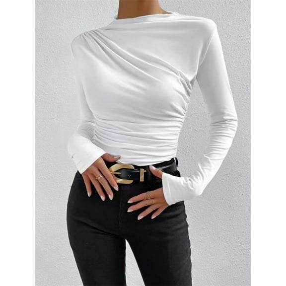 SMZ Women's Ruched Long Sleeve Mock Neck Bodysuit Solid Elegant Slim Fitted Tops