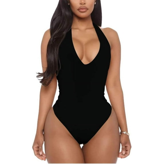 SMZ Women's Sexy Sleeveless Halter V Neck Backless Leotard Bodysuit Tops Leotards for women sexy