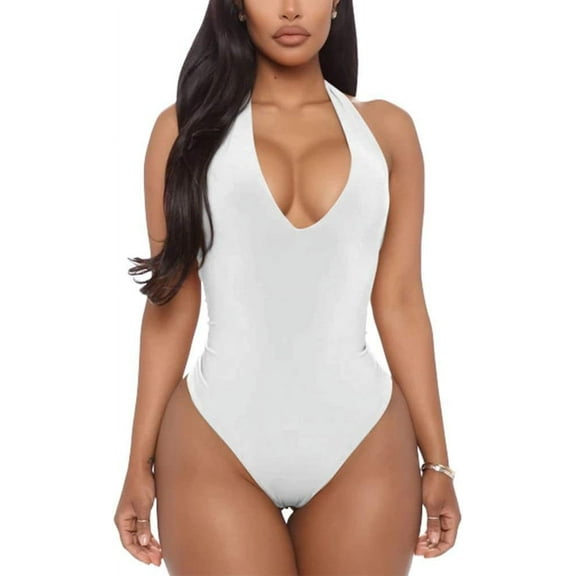 SMZ Women's Sexy Sleeveless Halter V Neck Backless Leotard Bodysuit Tops Leotards for women sexy