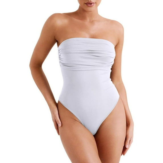 SMZ Women's Sexy Strapless Ruched Bodysuit Tube Top Sleeveless Trendy Body Suits