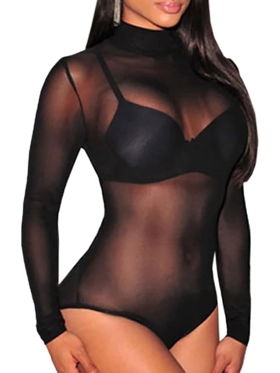 Women's Sheer Mesh Turtleneck Neck See Through Leotard Bodysuit Body Tops
