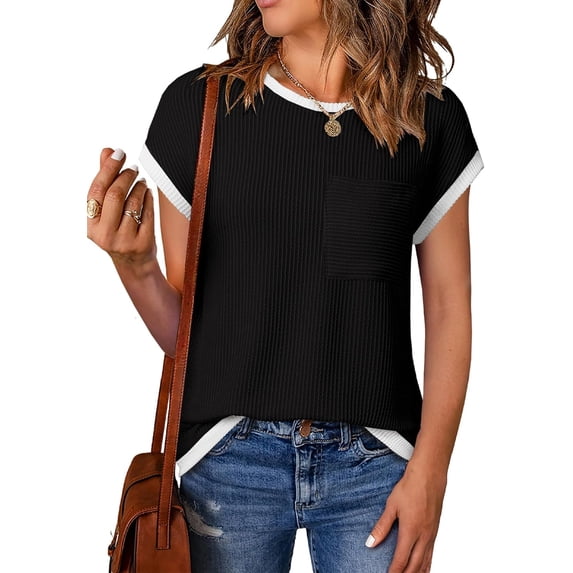 SMZ Women's Short Sleeve T Shirts Crewneck Color Block Ribbed Knit Tee Blouses 2025 Trendy Summer Tops