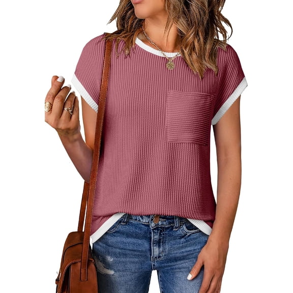 SMZ Women's Short Sleeve T Shirts Crewneck Color Block Ribbed Knit Tee Blouses 2025 Trendy Summer Tops