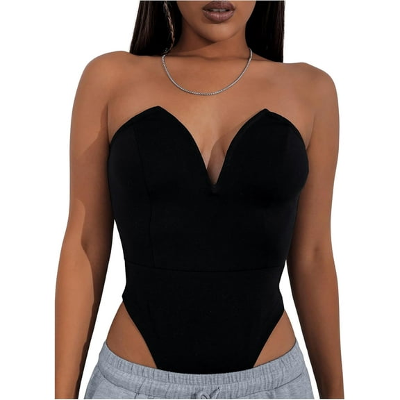 SMZ Women's Strapless Deep V Neck Bodysuit Sexy Backless Slim Fitted Tube Tops