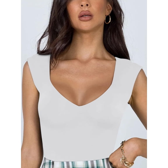 SMZ Women's Trendy Sexy Casual V Neck Double Lined Sleeveless Slimming Going Out Tank Top Bodysuits