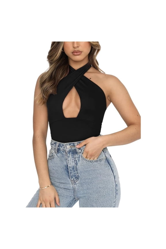 Women's Trendy Sexy Criss Cross Halter Neck Sleeveless Thong Bodysuits Tops Clubwear