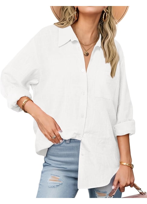 Siliteelon Women's Oversized Long Sleeve Cotton V Neck Button Down ...