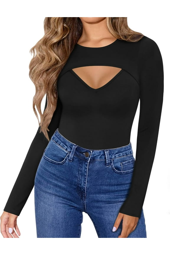 Womens Long Sleeve Tops Cut Out Front Ribbed Fitted Sexy Casual Dressy Fall Tee T-Shirts Tshirt Date Night Tops for Women
