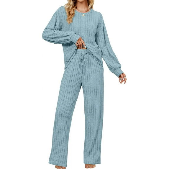 SMZ Womens Lounge Set Cute Long Sleeve Pajama Sets Casual 2 Piece Pj Outfit Fall Sleepwear Pockets