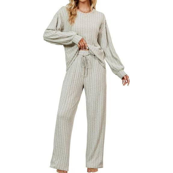 SMZ Womens Lounge Set Cute Long Sleeve Pajama Sets Casual 2 Piece Pj Outfit Fall Sleepwear Pockets