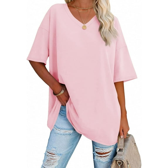 SMZ Womens Oversized Tshirts V Neck Tee Shirts Half Sleeve Loose Fit T Shirt Cotton Tunic Tops