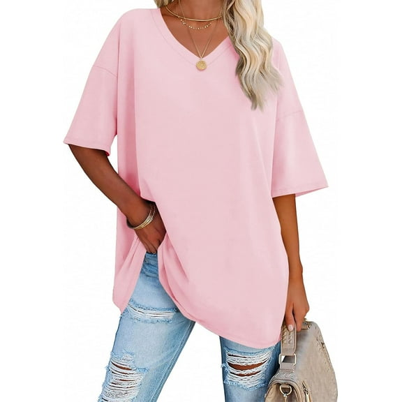 SMZ Womens Oversized Tshirts V Neck Tee Shirts Half Sleeve Loose Fit T Shirt Cotton Tunic Tops