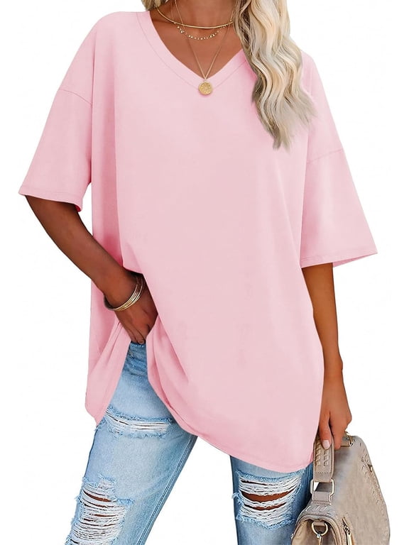 Womens Oversized Tshirts V Neck Tee Shirts Half Sleeve Loose Fit T Shirt Cotton Tunic Tops