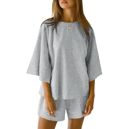 SMZ Womens Pajama Sets 3/4 Sleeve Oversized Tops and Elastic Waist Shorts Lounge Sets Loungewear