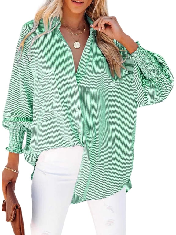 Womens Smocked Cuffed Striped Boyfriend Shirt Casual Collar Long Sleeve Oversized Button Down Blouse Tops with Pocket Shirred