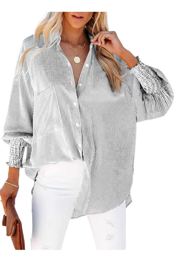 Womens Smocked Cuffed Striped Boyfriend Shirt Casual Collar Long Sleeve Oversized Button Down Blouse Tops with Pocket Shirred