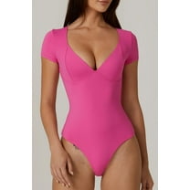 SMZ Womens V Neck Short Sleeve Bodysuit Double Lined Soft Body Suit Top Basic Shirt