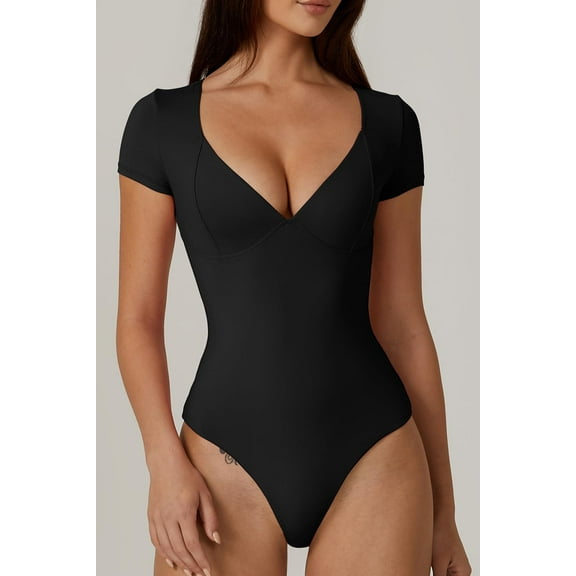 SMZ Womens V Neck Short Sleeve Bodysuit Double Lined Soft Body Suit Top Basic Shirt