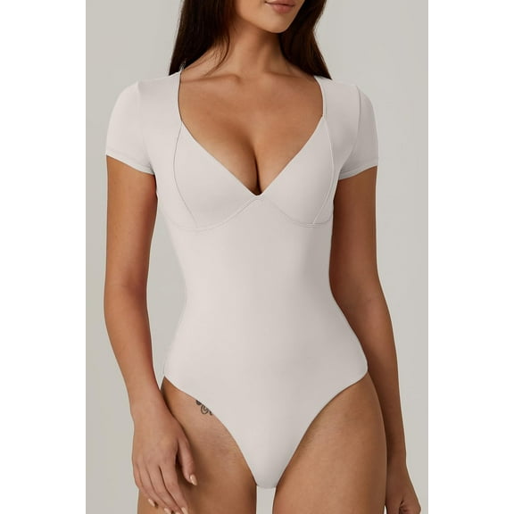 SMZ Womens V Neck Short Sleeve Bodysuit Double Lined Soft Body Suit Top Basic Shirt