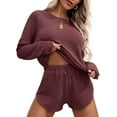 thumbnail image 1 of SMZ Womens Waffle Knit Pajama Sets Long Sleeve Top and Shorts Matching Lounge Set Loungewear Sweatsuit with Pockets, 1 of 4