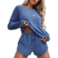 thumbnail image 1 of SMZ Womens Waffle Knit Pajama Sets Long Sleeve Top and Shorts Matching Lounge Set Loungewear Sweatsuit with Pockets, 1 of 4