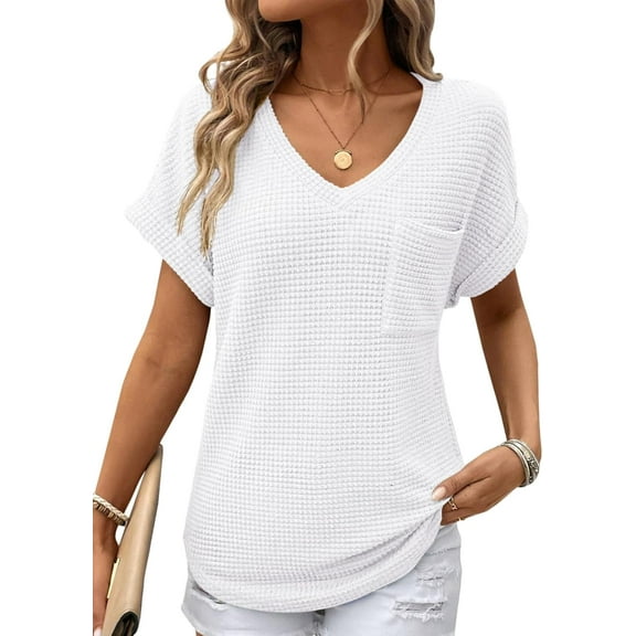 SMZ Womens Waffle Knit Tops 2025 Spring Summer V Neck Shirts Casual Trendy Women's Blouses Basic Tee