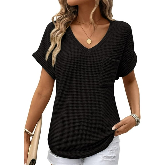 SMZ Womens Waffle Knit Tops 2025 Spring Summer V Neck Shirts Casual Trendy Women's Blouses Basic Tee