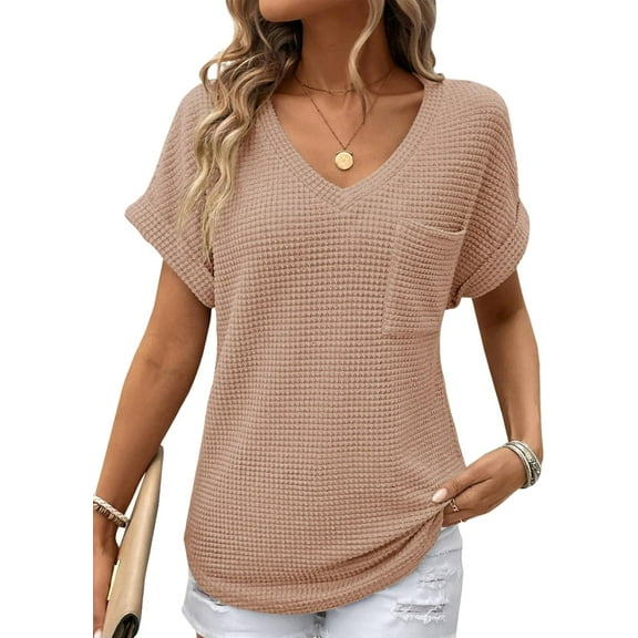 SMZ Womens Waffle Knit Tops 2025 Spring Summer V Neck Shirts Casual Trendy Women's Blouses Basic Tee