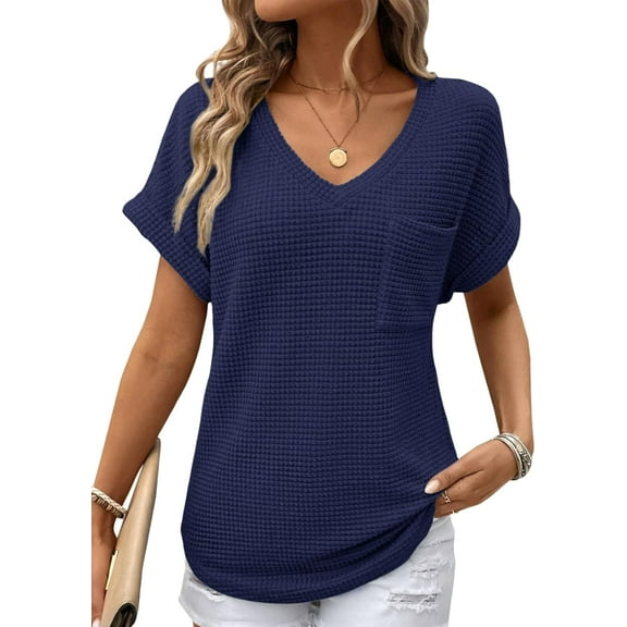 SMZ Womens Waffle Knit Tops 2025 Spring Summer V Neck Shirts Casual Trendy Women's Blouses Basic Tee