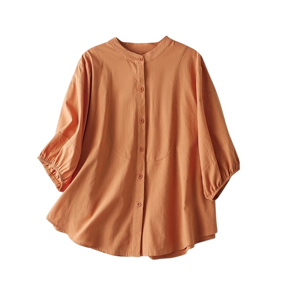 SMihono $15 & under Women's Summer Stand Collar Puff Sleeve Cotton Linen Blouse Shirt Loose Buttons Tunic Tops Orange Free Size