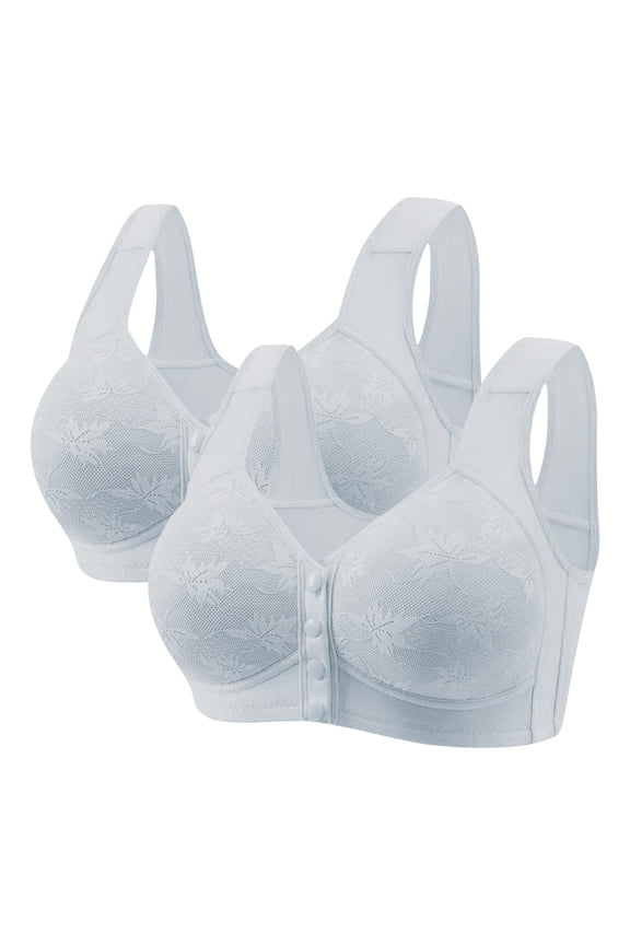 2 Pack Daisy Bras for Older Women No Underwire Full Coverage Senior Padded Bra Floral Front Closure Push Up Cotton Bralettes Light Blue L