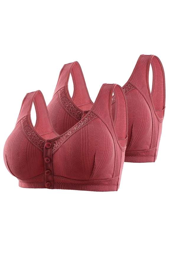 2 Pack Front Closure Bras for Older Women No Underwire Comfort Hide Back Fat Buttons Cotton Bralette Mom Grandma Gift Bras Wine 4