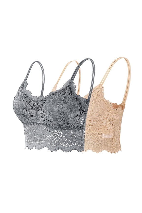 2 Pack Women's Lace Camisole Bralettes, Summer Slim Basic Cami Tank Tops for Ladies, Spaghetti Strap Lingerie Crop Top Bras Khaki L