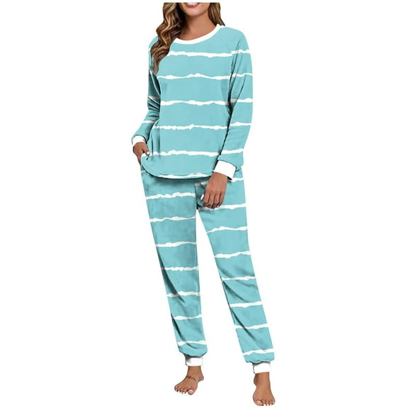 SMihono 2 Piece Sets for Women Striped Fall Lounge Long Sleeve Pajama Two Piece Homewear Sleepwear Winter Jogging Matching Set Light Blue XXL