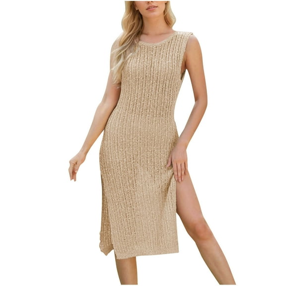 SMihono 2025 Solid Color Mid-Length Round Neck Sleeveless Knitted Dress Summer Casual Bodycon Midi Dress with Slit Vacation Dresses Khaki XL
