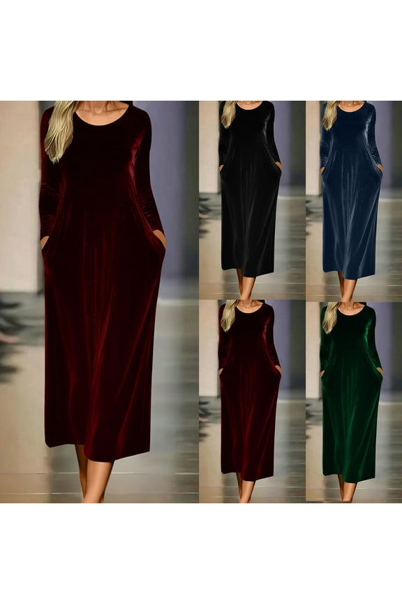 2025 Velvet Dress for Women Elegant Long Sleeve Ruched Velvet Stretchy Long Dress Trendy Solid Color Maxi Dresses Black L