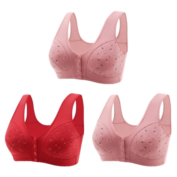 SMihono 3 Pack Front Closure Daisy Bras for Older Women Push Up Comfortable Bras No Underwire Seniors Full Support Padded Bras Red XXL