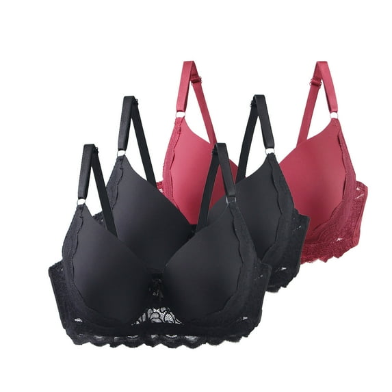 SMihono 3 Pack Women's Underwire Lightly Lined Lace T-Shirt Bras Full Coverage Everyday Comfort Bra Floral Lace Patchwork Wine 100C