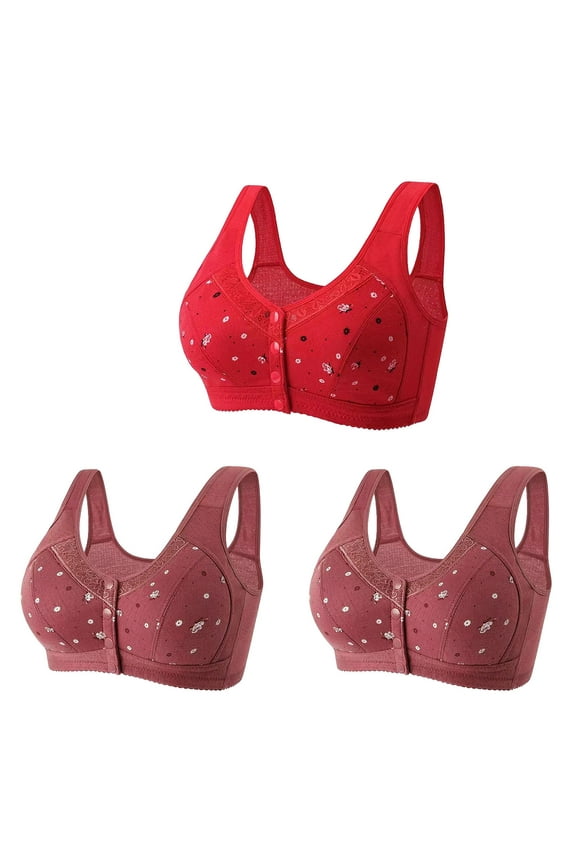3PC Daisy Bras for Older Women, Breathable Front Close Button Cotton Bras, Full Support Wide Back No Underwire Bra Red 10