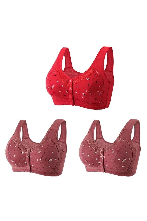 3PC Daisy Bras for Older Women, Breathable Front Close Button Cotton Bras, Full Support Wide Back No Underwire Bra Red 16
