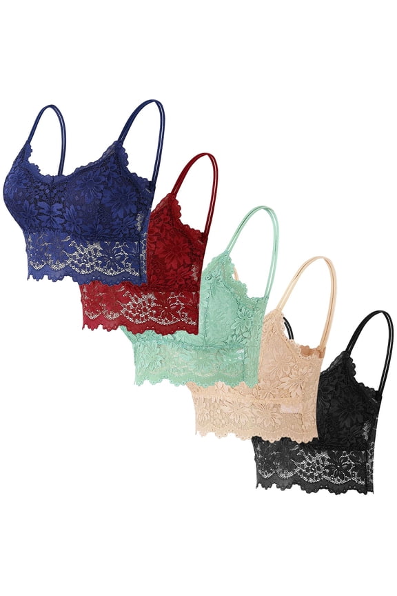 5 Pack Lace Bras for Women Sexy Sunflower Wrapped Bralettes Floral V Neck Padded Sports Bras Bandeau Bras with Straps Navy M